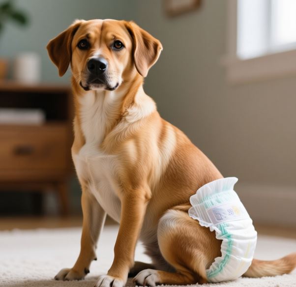 기저귀를 차고 앉아 있는 강아지