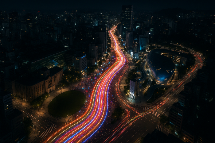 서울 도심 축제의 동선이 연결된 야간 전경