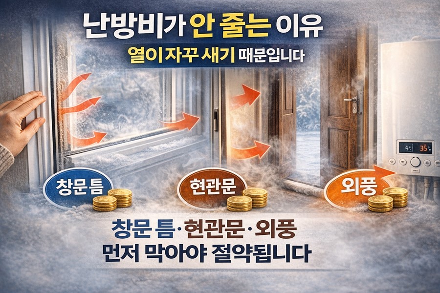 창문 틈과 현관문 외풍으로 인해 실내 열이 빠져나가 겨울 난방비가 올라가는 구조를 설명하는 이미지
