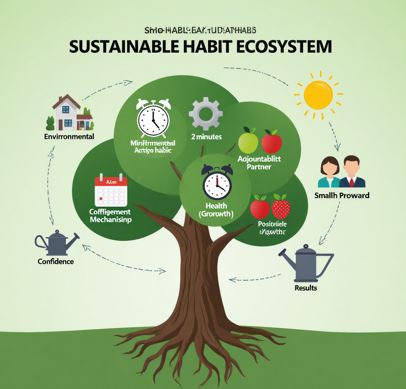 장기적 관점과 시스템적 접근을 시각화한 지속 가능한 습관 생태계를 나타낸 그림