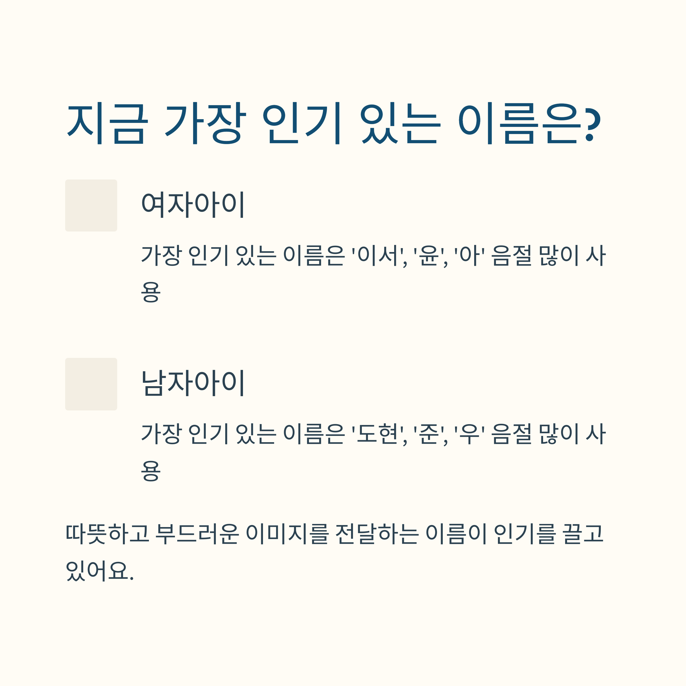 2025년 가장 인기 있는 여자아이 이름은 '이서', '윤', '아'이고 남자아이 이름은 '도현', '준', '우'가 많이 사용된다는 내용을 설명하는 이미지