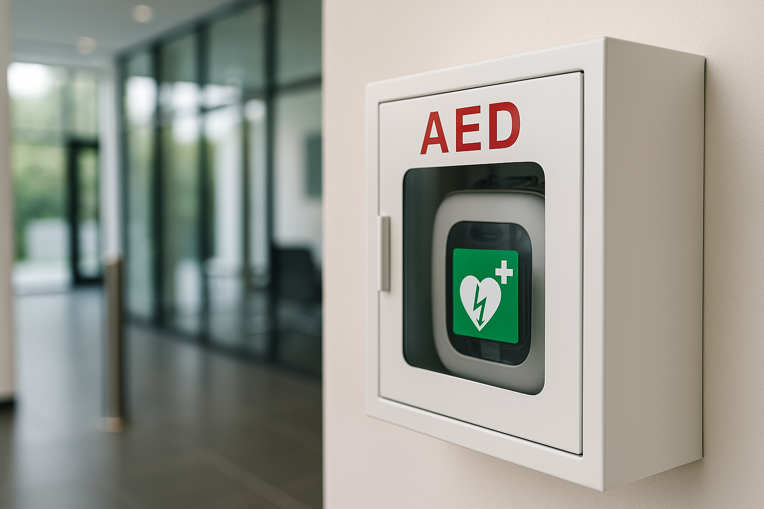 사무실 복도 벽면에 설치된 자동심장충격기(AED) 보관함 클로즈업