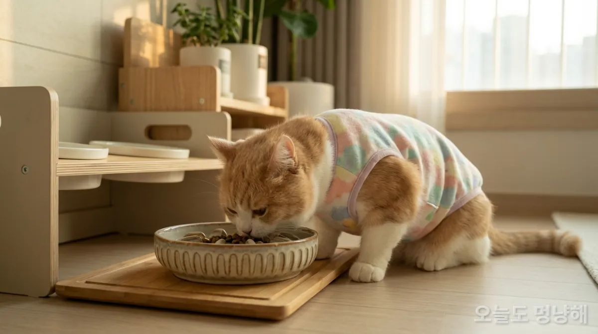 환묘복을 입은 고양이가 천천히 사료를 먹는 모습, 중성화 수술 후 식단 및 회복 관리를 보여줍니다.
