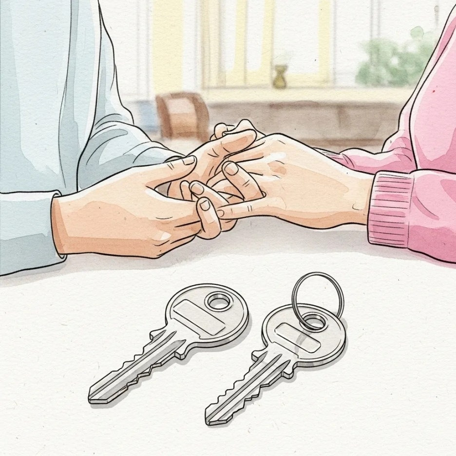 부부가 함께 주택 열쇠를 들고 있는 모습