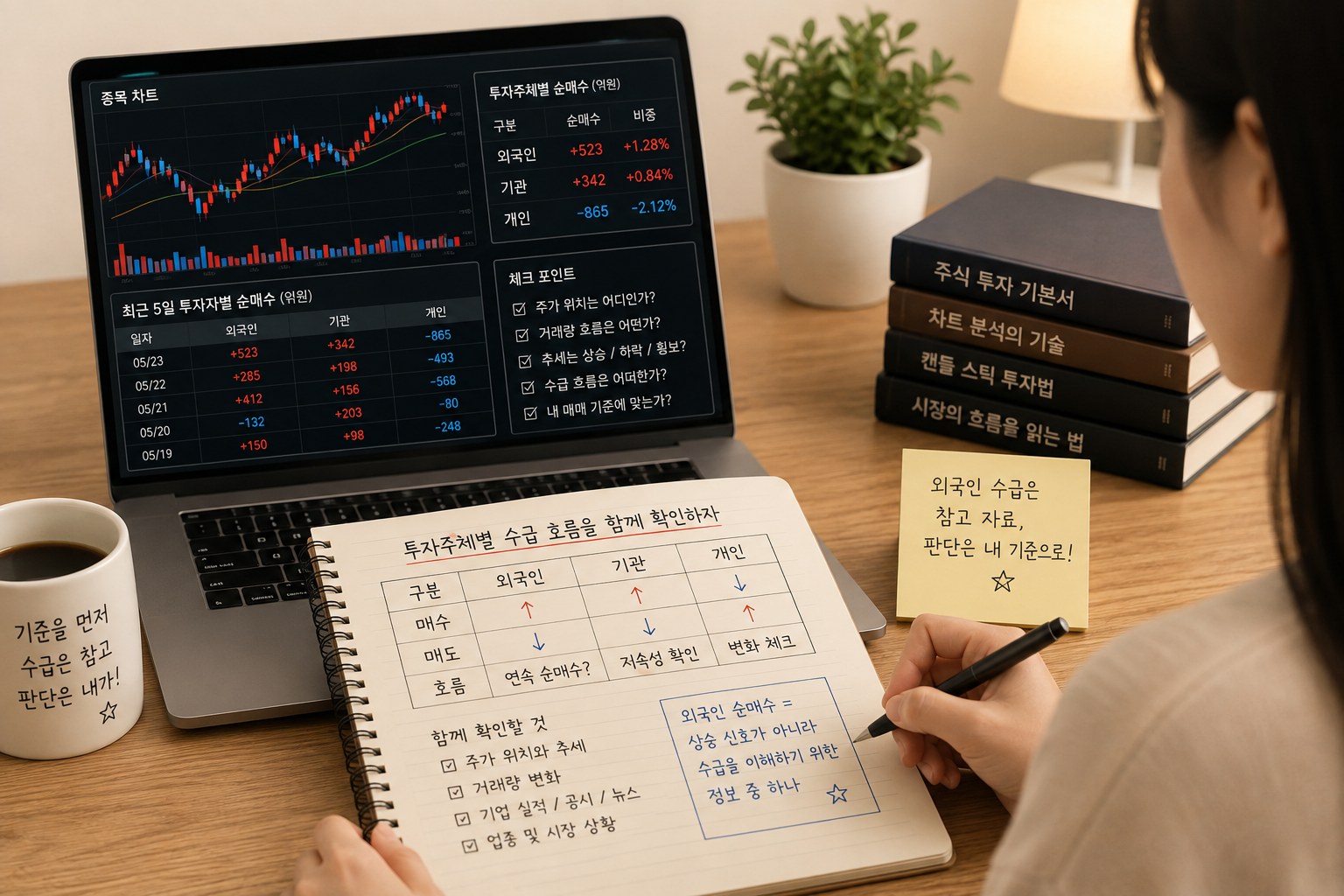 외국인과 기관의 매매 동향을 수급 자료로 살펴보는 모습.