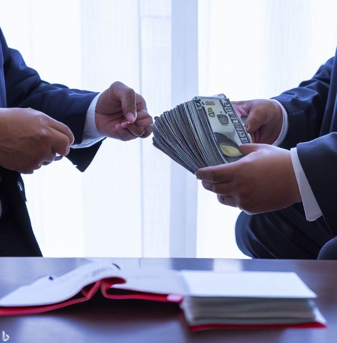 뇌물을 비밀리에 주고 받는 정치인과 기업인(made by Bing)