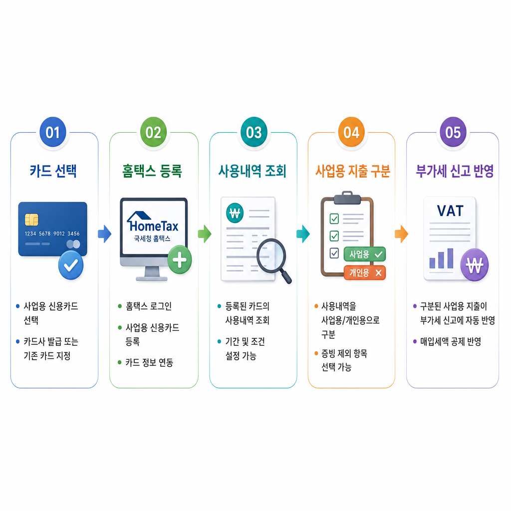 사업용 신용카드 홈택스 등록과 부가세 신고 반영 순서를 정리한 인포그래픽