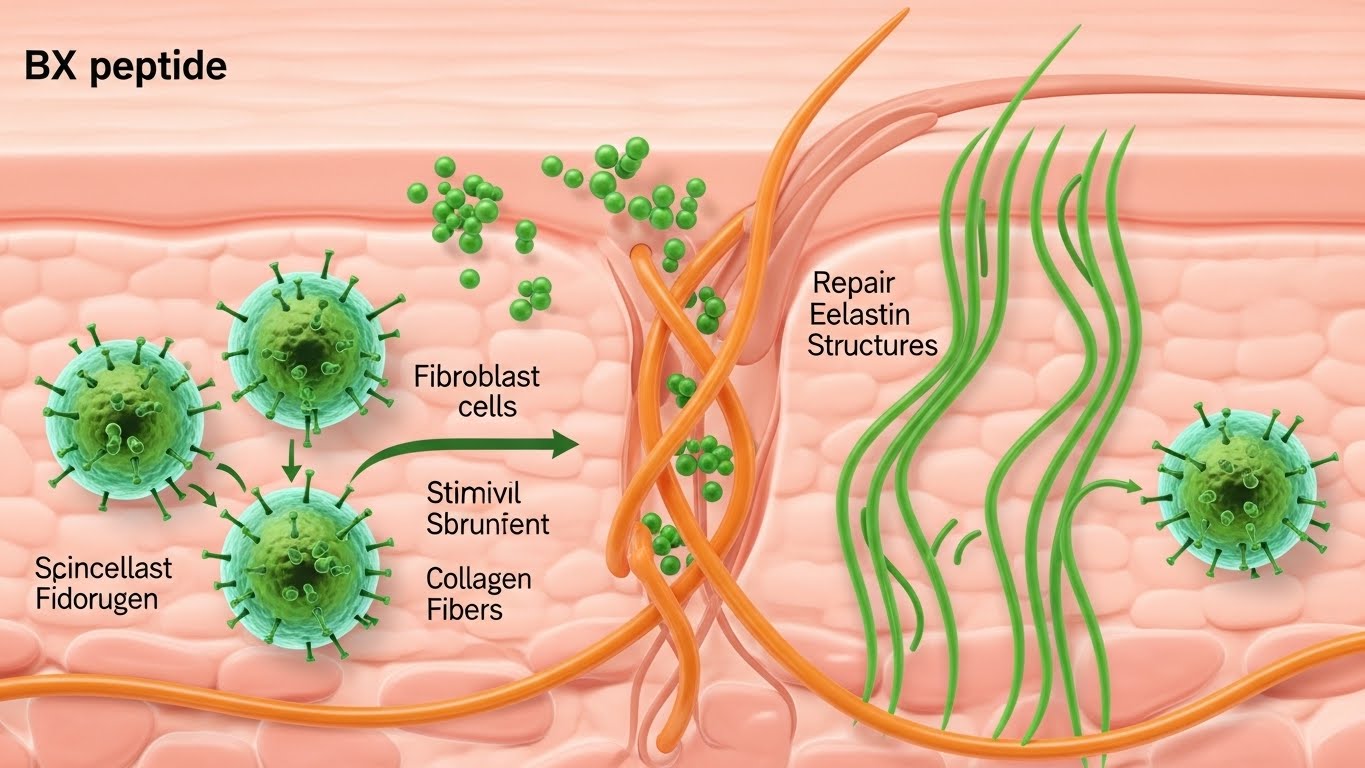 피부 내 'BX 펩타이드'의 세포 수준 작용을 묘사한 추상적이고 시각적으로 매력적인 인포그래픽 일러스트입니다.