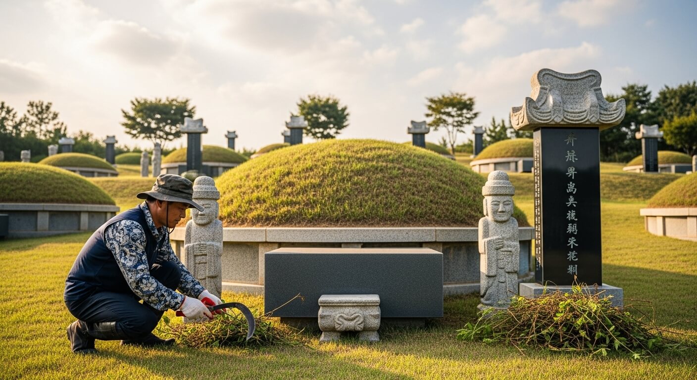 전통 조각상이 있는 묘소 앞에서 풀을 베는 남성