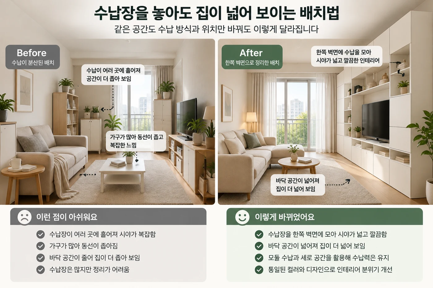 좁은 집에서 수납장을 여러 곳에 분산한 배치와 한쪽 벽면에 모은 배치를 비교한 Before After 이미지