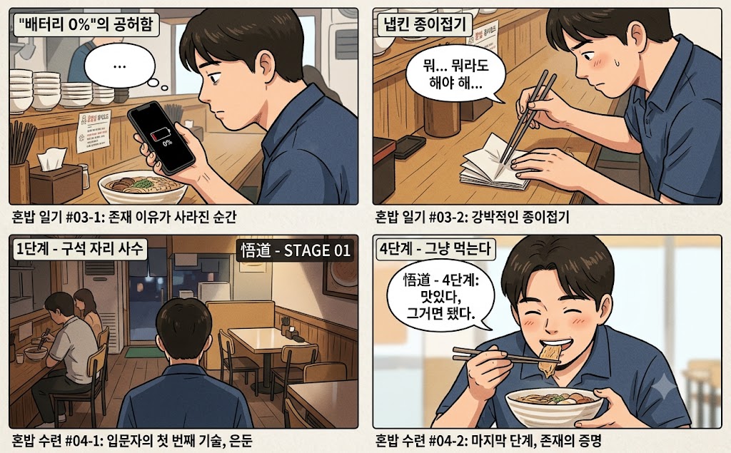 "혼밥의 일상을 담은 4컷 만화. 첫 번째 칸은 핸드폰 배터리가 0%가 되어 당황하는 모습, 두 번째 칸은 혼자 식당에서 냅킨을 접으며 시간을 보내는 모습, 세 번째 칸은 구석 자리를 찾아 수련하는 혼밥 초보, 네 번째 칸은 혼밥의 경지에 이르러 온전히 식사를 즐기는 모습을 묘사하고 있다."