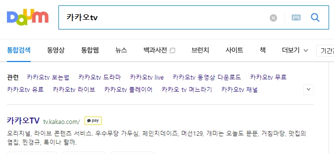 PC 웹 브라우저에서 카카오tv를 검색하는 모습