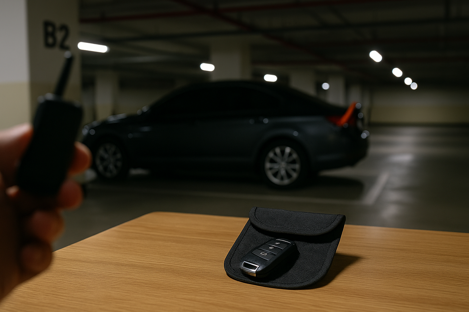 지하주차장에서 전파차단 파우치 위에 올려둔 스마트키와 멀리 보이는 차량