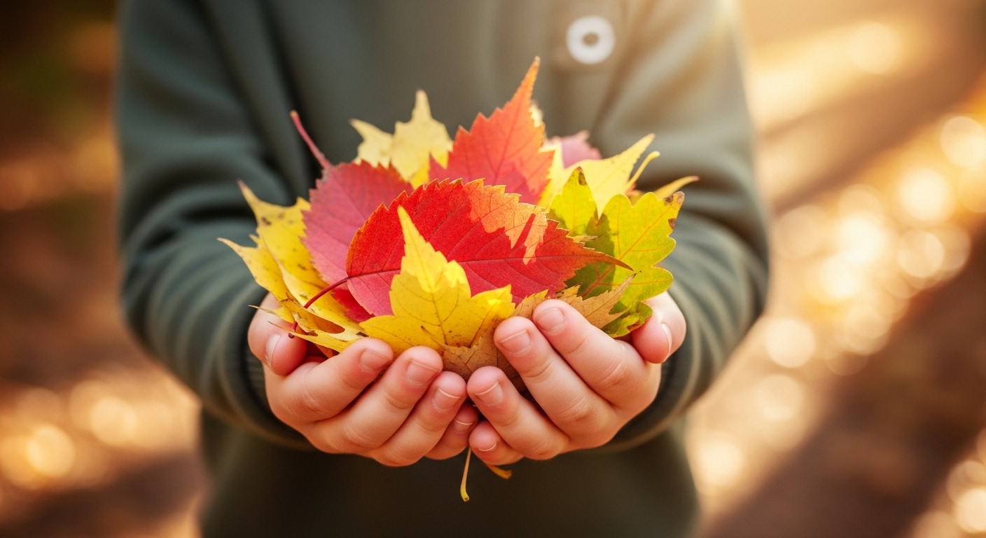 작은 아이의 손이 울긋불긋한 가을 낙엽을 조심스럽게 들고 있는 클로즈업 사진. 따뜻한 가을 햇살이 느껴진다.