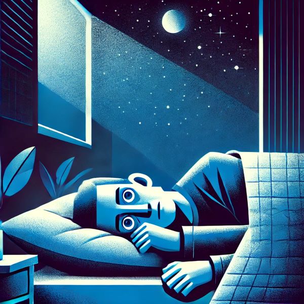 침대에 누워 잠을 들지 못하는 남자의 사진