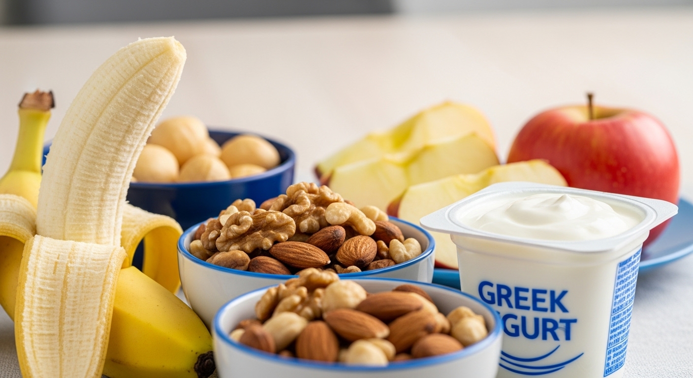 수능 전날 숙면에 도움을 주는 바나나, 견과류, 사과, 요거트 등 건강한 간식들.