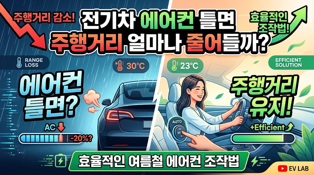 전기차 에어컨 틀면 주행거리 얼마나 줄어들까? 효율적인 여름철 에어컨 조작법(전기차 오너를 위한 전비 관리) 썸네일.