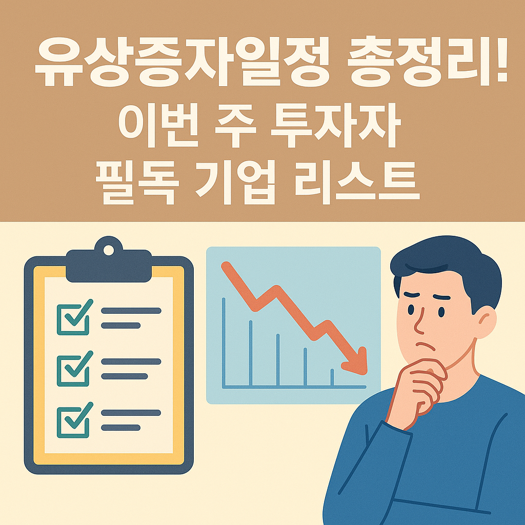유상증자일정 총정리 썸네일 &ndash; 체크리스트, 하락 그래프, 투자자 일러스트로 구성된 투자 안내 이미지