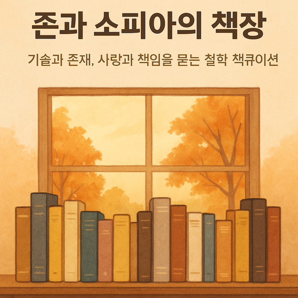 가을빛이 드는 철학 서재에서 존과 소피아의 대화가 책 속으로 이어진다. 존재와 기술을 묻는 이들을 위한 사유의 책장.