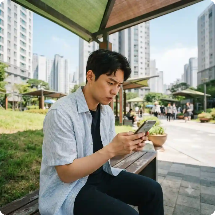 안전안내문자를 확인하는 젊은 남성의 모습