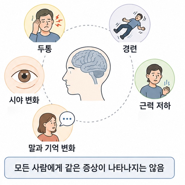 두통, 경련, 시야 변화, 한쪽 팔다리 힘 저하, 말과 기억의 변화처럼 뇌종양에서 나타날 수 있는 여러 신경계 증상을 정리한 그림