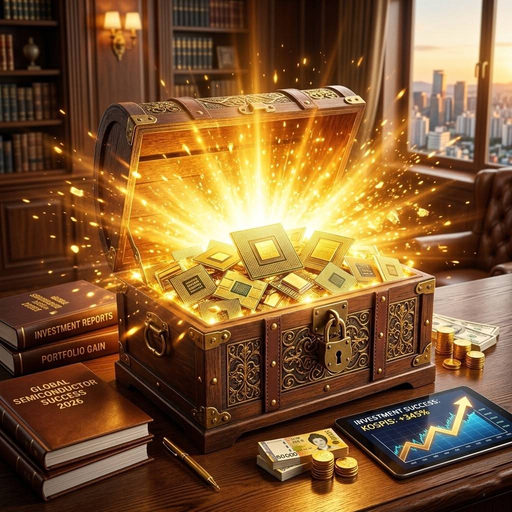 금빛 반도체 칩이 가득 담긴 보물상자가 열리며 눈부신 빛을 내뿜는 모습, 성공적인 투자를 상징하는 장면