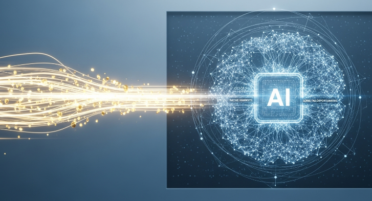 황금 키워드와 AI 분석으로 틈새 시장 기회를 포착하는 과정을 시각화한 이미지.