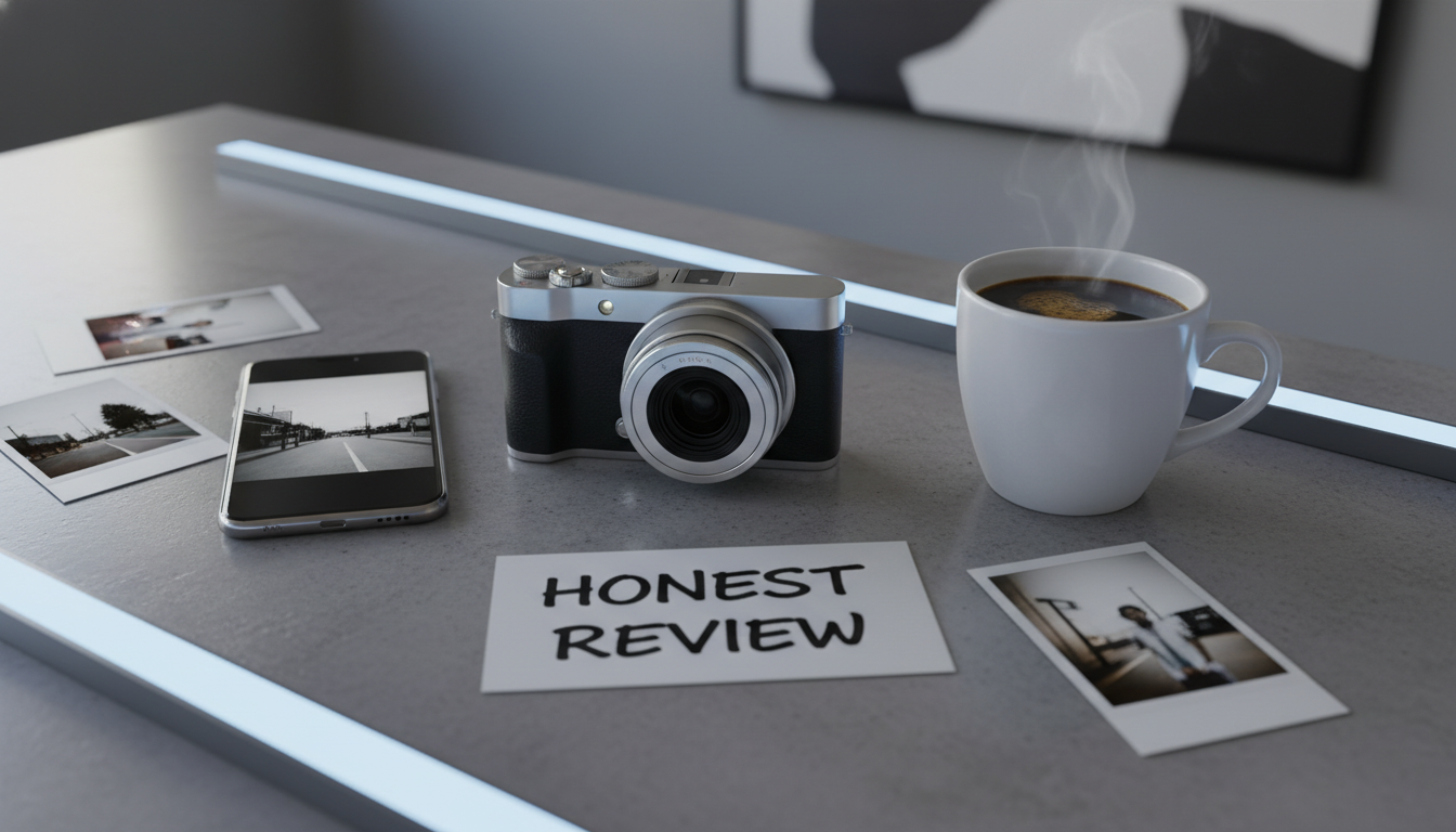 리뷰 소품들과 함께 모던한 데스크에 놓여있는 캐논 G7X Mark3 카메라의 리얼한 내돈내산 컨셉 이미지