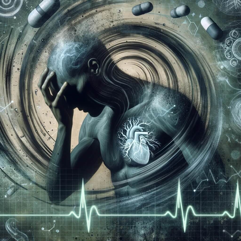 부정적인 기대의 무게를 상징하는 아우라에 둘러싸인 인간의 모습을 통해 나타낸 노시보 효과