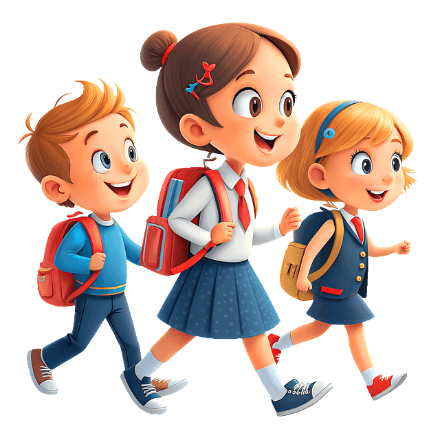 여자아이 2명과 남자아이가 나란히 책가방을 매고 웃으면서 걸어간다.