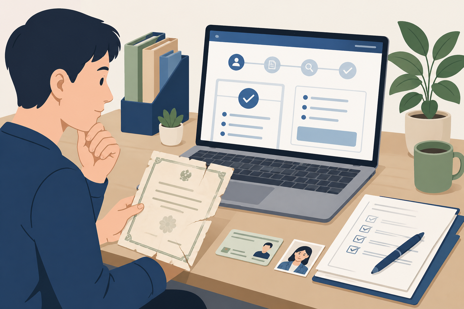 요양보호사 자격증 재발급 방법 중 정부24 온라인 신청 가능 여부와 훼손 자격증, 신분증, 사진 등 준비서류를 함께 점검하는 상황을 보여주는 이미지