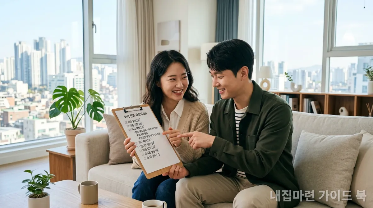청약 당첨 후 입주 준비 체크리스트를 확인하는 젊은 한국인 부부