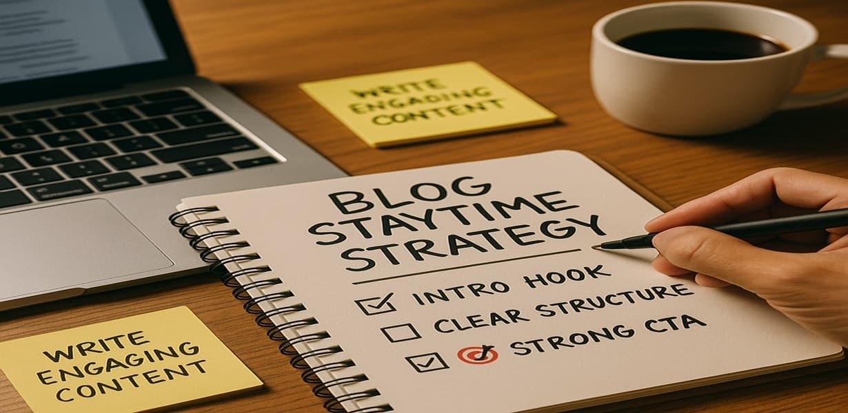 “BLOG STAYTIME STRATEGY라는 노트 제목과 체크리스트가 보이는 책상 – 노트북, 커피잔, 포스트잇이 함께 놓인 장면”