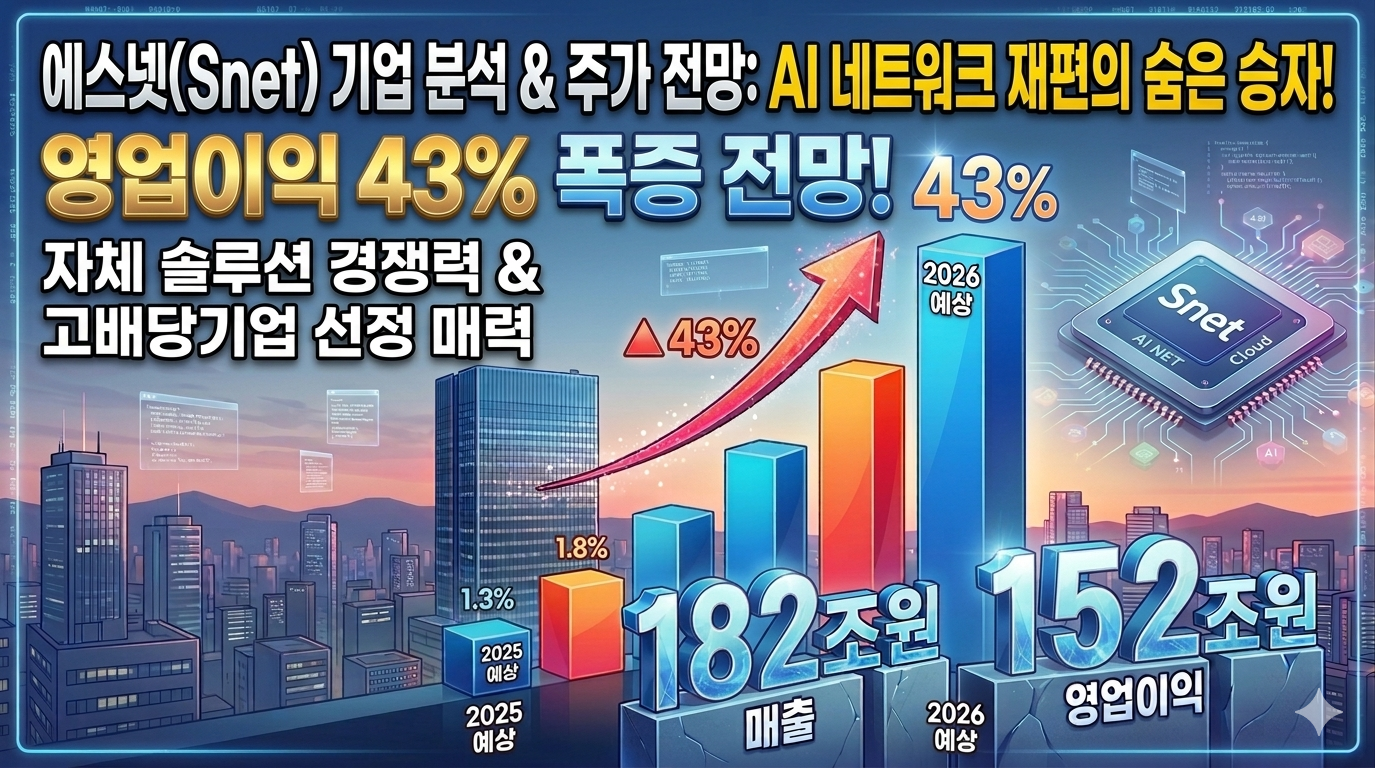 에스넷(SNET) 주가 전망 블로그 썸네일. 중앙에는 AI 네트워크 인프라와 데이터 센터를 상징하는 화려한 디지털 회로와 서버 그래픽이 배치되어 있습니다. 상단에는 '에스넷 주가 전망: AI 인프라 재편의 숨은 승자!', '영업이익 43% 폭증 전망 &amp; 고배당 매력'이라는 문구가 선명하게 적혀 있습니다. 배경은 신뢰감을 주는 짙은 푸른색과 금색 화살표가 상승하는 모습으로 디자인되어 수익성 개선과 주가 상승의 기대감을 나타냅니다.