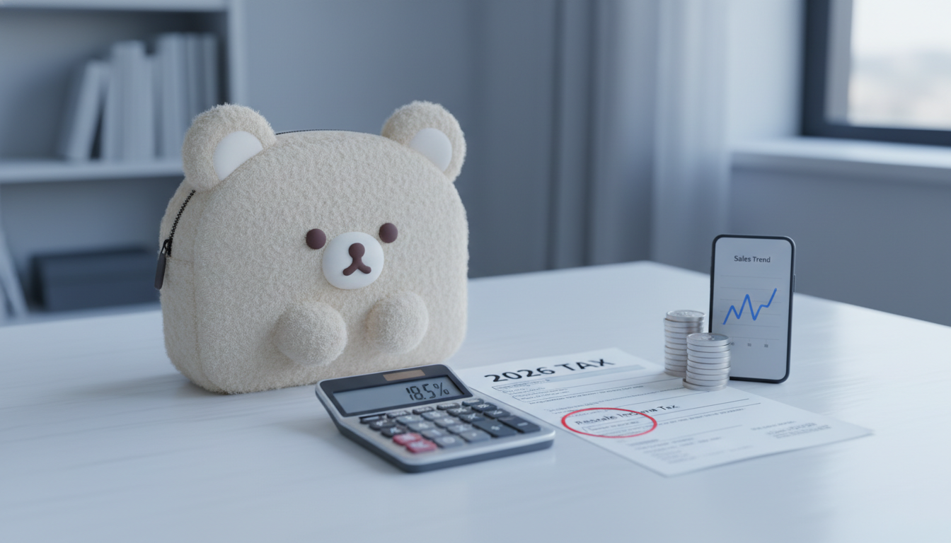 책상 위에 놓인 귀여운 망곰 스타일 오거나이저 가방과 그 옆에 있는 계산기, 2026년 세금 신고 서류가 함께 배치되어 리셀 세금의 중요성을 보여주는 이미지