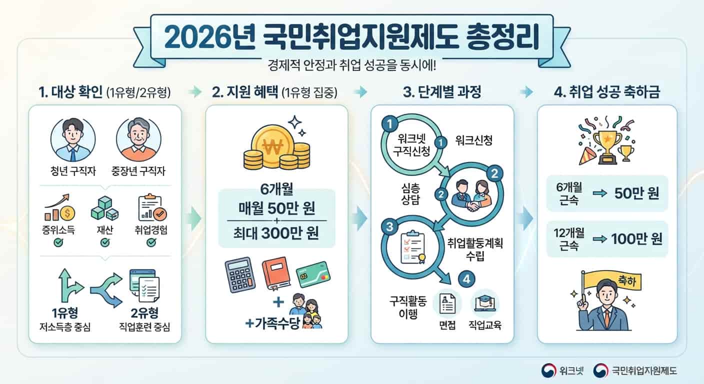 2026 국민취업지원제도 1유형 구직촉진수당 자격조건 및 신청절차 인포그래픽