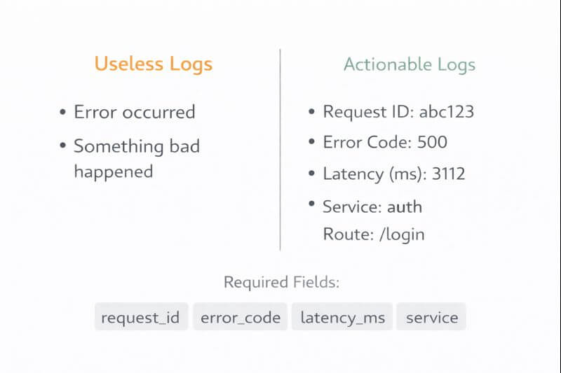 로그가 &lsquo;쓸모 없어지는&rsquo; 이유: 로그 레벨보다 중요한 필드(요청 ID&middot;에러 코드&middot;지연 시간) 설계