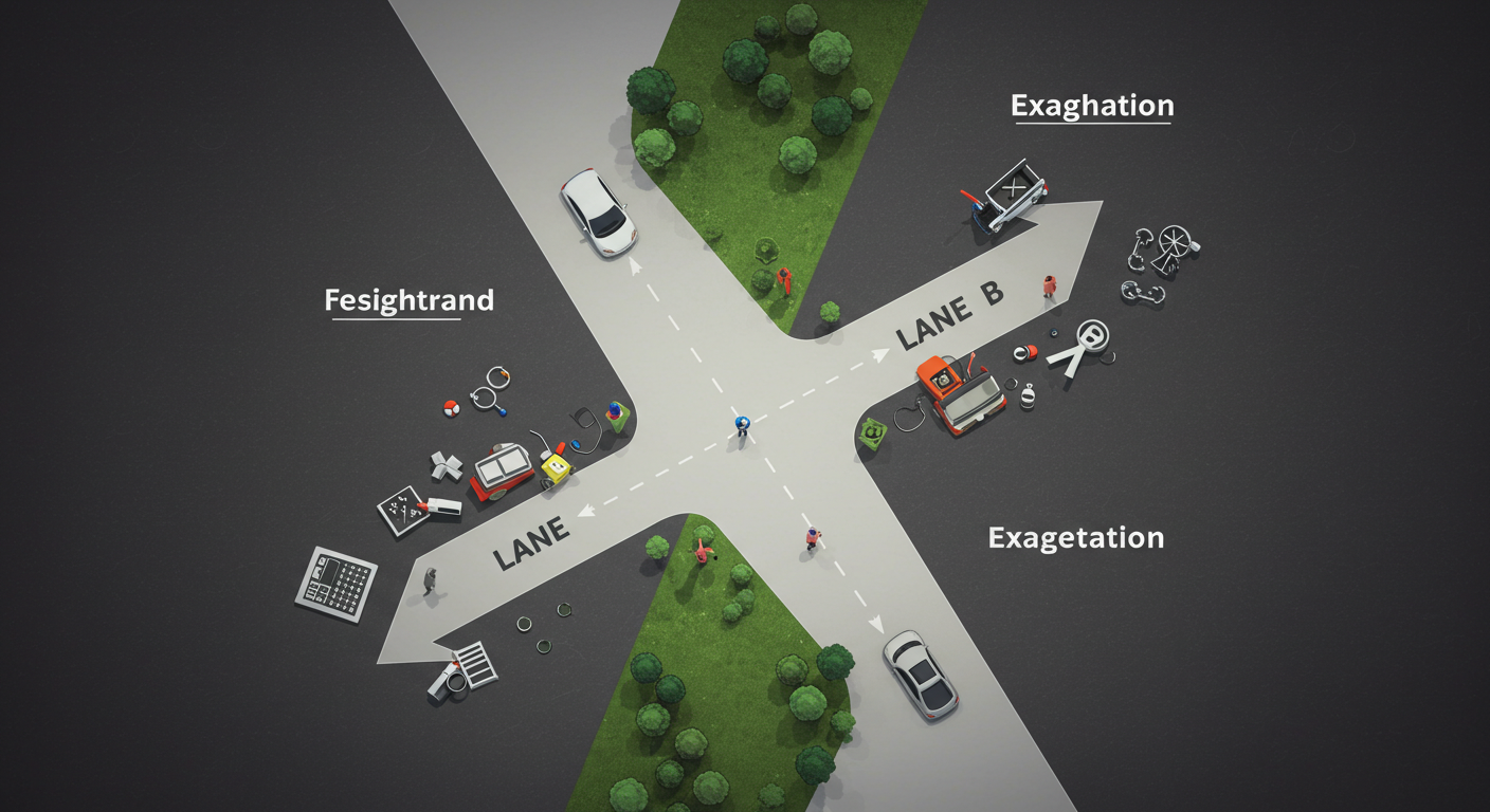 두 갈래로 갈라지는 트랙: 표준 세팅은 '현실감·일관성' 깃발로, 비표준 세팅은 '과장·부정확' 아이콘으로 향하는 상징 이미지