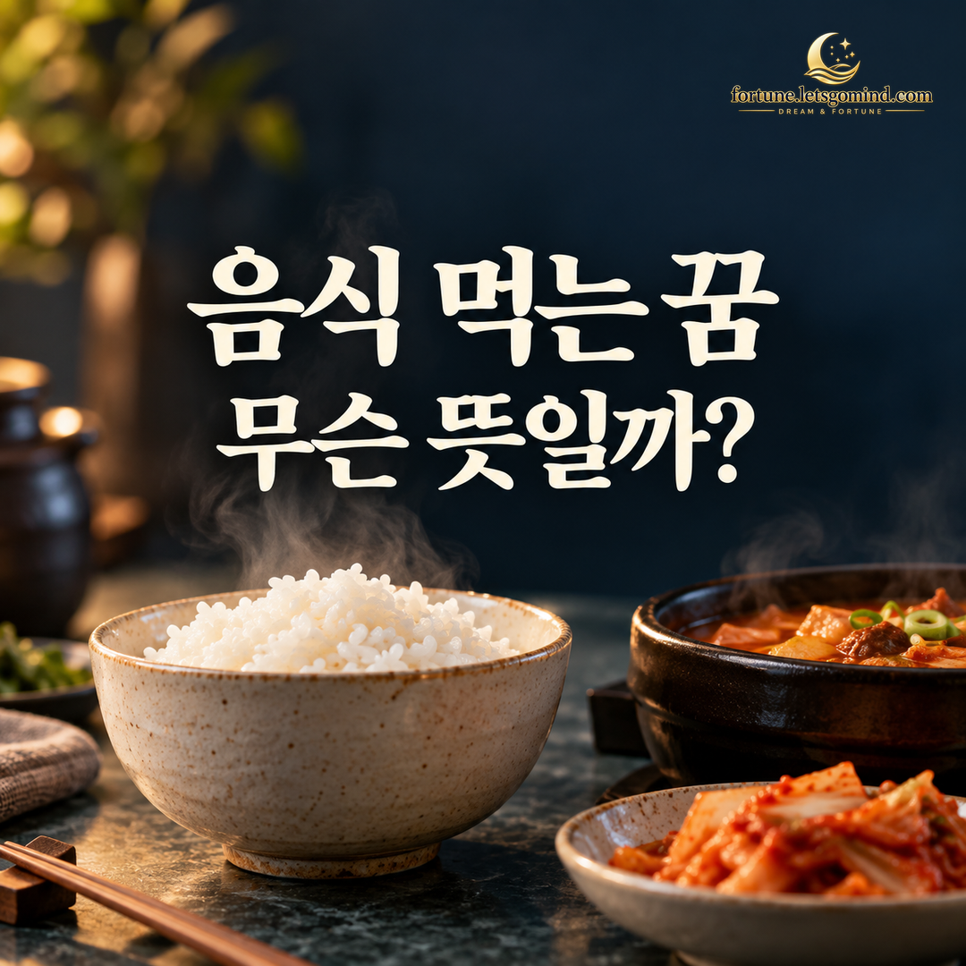 따뜻한 밥과 반찬을 배경으로 음식 먹는 꿈 해몽을 안내하는 썸네일