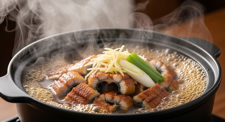 큰 냄지에 장어탕을 끓이고 있습니다. 김도 모락모락 많이 납니다.