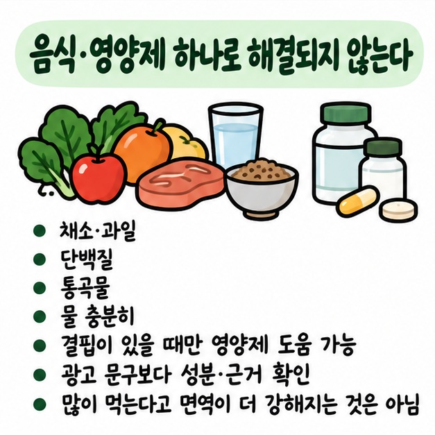 특정 음식이나 영양제가 면역을 즉시 높인다고 보기 어렵고 식사와 수분, 결핍 여부를 먼저 확인해야 한다는 카드