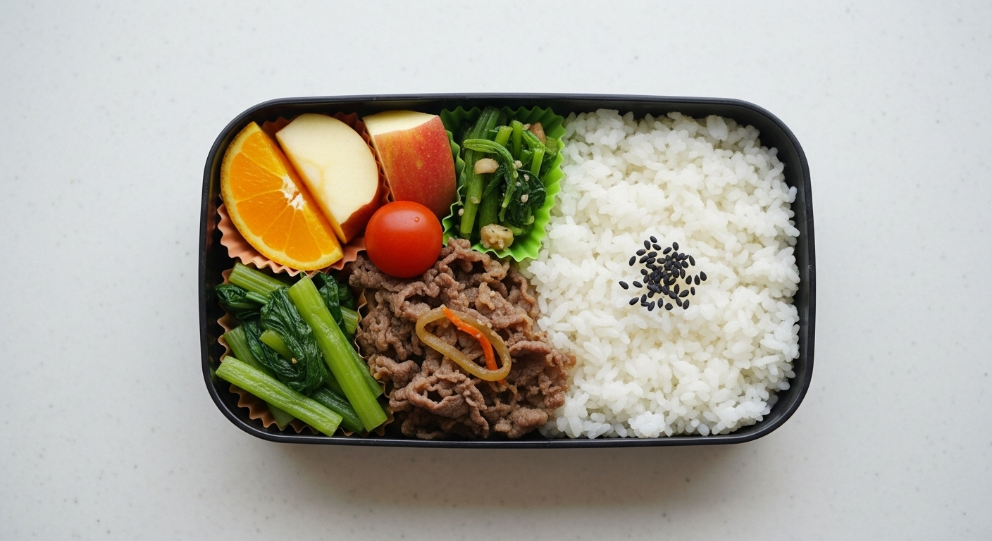 수능 당일 점심으로 준비된 소화 잘 되는 흰쌀밥과 소고기, 채소, 과일로 구성된 건강한 도시락.