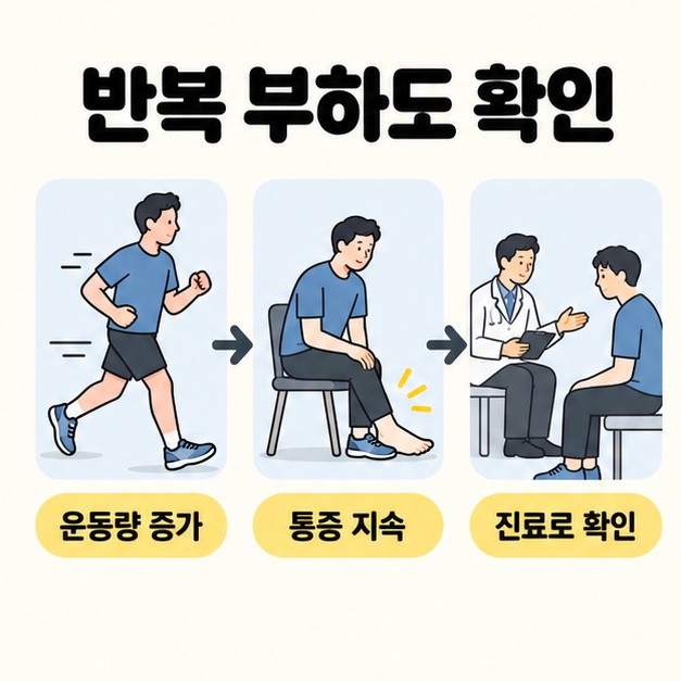 달리기와 통증이 이어져 의자에 앉아 쉬는 모습, 의료진 상담을 운동량 증가와 통증 지속, 진료로 확인 문구와 함께 연결한 그림