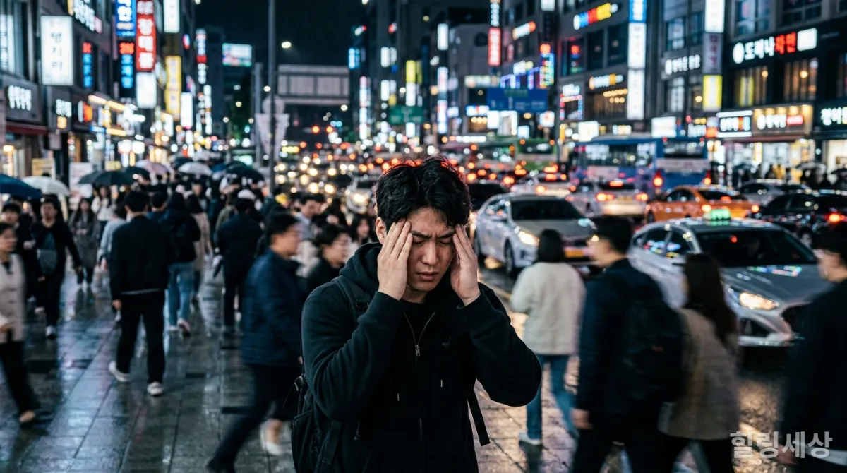 번잡한 서울 도심 속에서 소음에 지쳐 스트레스받는 젊은 한국 남성
