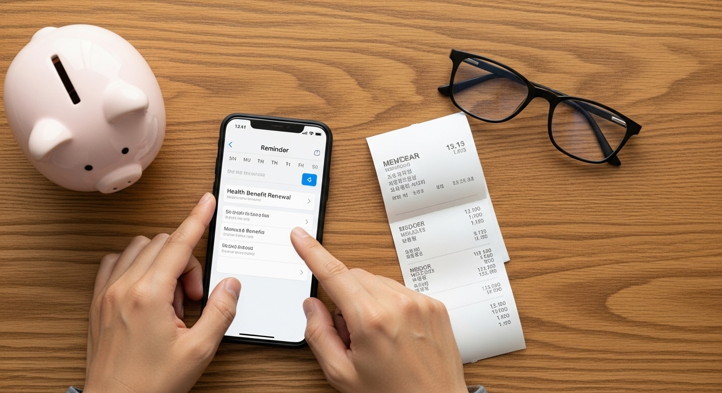 산정특례 5년 만료를 잊지 않기 위해 휴대폰 캘린더에 재등록 알람을 설정하는 현명한 재정 관리 모습