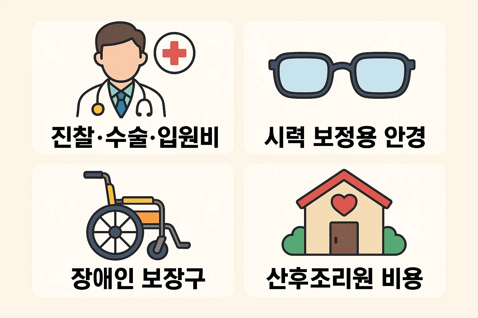 진찰·수술·입원비, 시력보정용 안경, 장애인 보장구, 산후조리원 비용 등 연말정산에서 실제 공제되는 의료비 항목을 쉽게 이해할 수 있는 인포그래픽입니다.