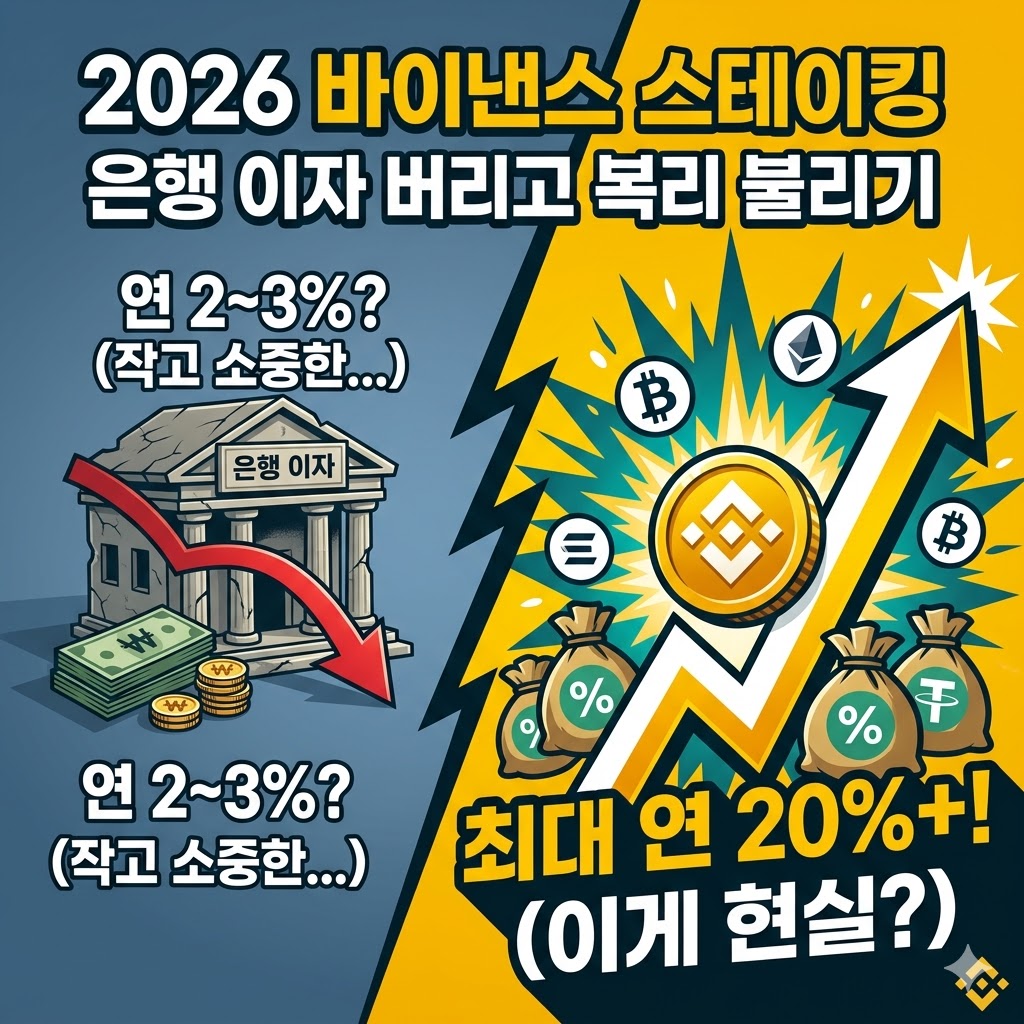 은행 이자와 바이낸스 스테이킹을 강력하게 비교하는 썸네일. 대각선으로 나뉜 화면에서 왼쪽은 '은행 이자 연 2~3%?'와 하락 화살표, 오른쪽은 '최대 연 20%+! 이게 현실?' 문구와 함께 폭발하는 BNB 코인과 상승 화살표가 시각화되었습니다. 2026 가이드로서 은행 대신 코인 복리를 택하는 현실 전략을 상징합니다.