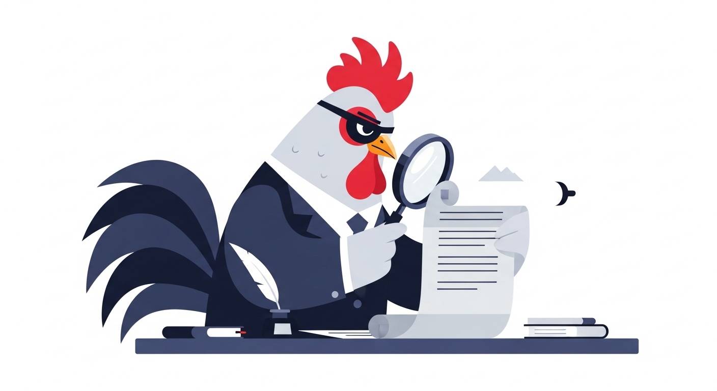 돋보기로 긴 문서를 꼼꼼하게 확인하며 완벽함을 추구하는 닭 캐릭터 일러스트