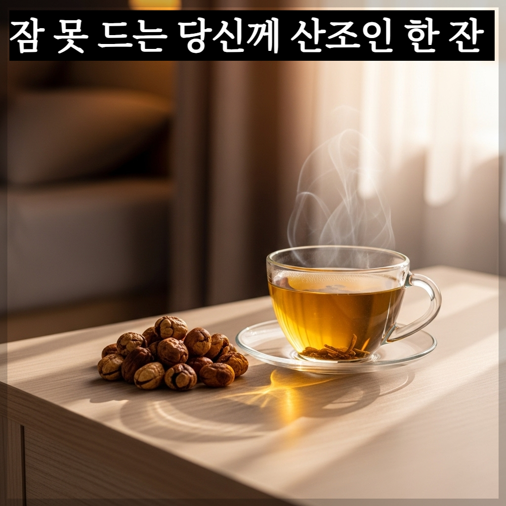 따뜻하고 부드러운 햇살이 비치는 안락한 침실 협탁 위에 놓인 볶은 산조인 씨앗들과 연한 황금빛 차가 담긴 찻잔에서 하얀 김이 모락모락 피어오르는 치유 분위기의 실사 이미지