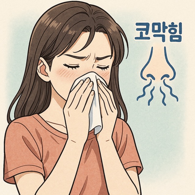 코막힘으로 고생하며 휴지로 코를 막고 있는 여성의 모습(출처: 자체제작)